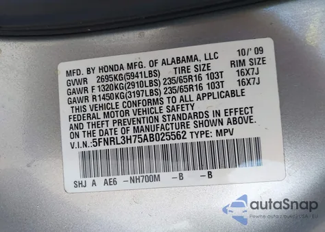 2010 Honda Odyssey Ex-L z USA, uszkodzony, nr VIN 5FNRL3H75AB025562